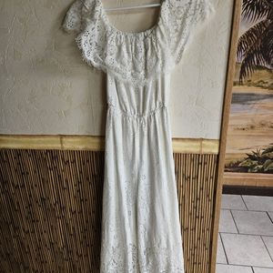 FLYING TOMOTO Ivory Lace Off The Shoulder Wide Leg Jumpsuit